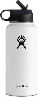 32oz WHITE Hydro Flask Water Bottle Stainless Steel Wide Mouth with Straw lid