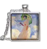 Claude Monet's Parasol Vintage Art - Handmade SQUARE Glass Pendant Necklace