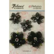 Vintage JEWELLED Textured 5 flowers BLACK 4-6cm ( Mesh Burlap Canvas ) Petaloo L