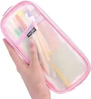 Sonuimy Clear Mesh Pencil Case Pouch, Clearly Visible Grid Pen Cases Organizer For Adult, Zipper Transparent Stationary Makeup Bag For Travel Office College-Pink