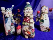 Set of 3 Festive Decorated Resin Snowmen Holiday Christmas Figurines