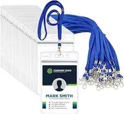Fushing 50pcs Clear Plastic Vertical Name Tags Badge ID Card Holders and Blue Neck Lanyards with Swivel Hook for School, Festival, Event
