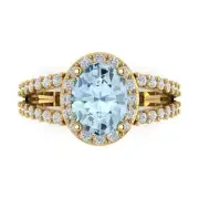 2.2 Oval split shank Real Aquamarine Promise Bridal Wedding Ring 14k Yellow Gold