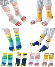 [Pursuestar] 4 Pairs Cotton Split Tabi Toe Five Finger Socks Elastic Casual Color Block Seperated Socks for Kids Boys Girls 2-10 Years