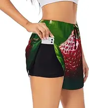 [WURTON] Strawberry Print Exercise Gym Workout Shorts Women's Athletic Shorts Dual-Layered Yoga Running Shorts
