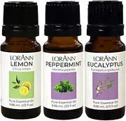 LorAnn Essential Oils - Starter Collection: 3 Pack of 1/3 oz. Dropper Bottle - 1 Each of Eucalyptus Oil, Lemon Oil, and Peppermint Oil