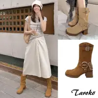 在飛比找momo購物網優惠-【Taroko】復古氣質絨面扣環粗高跟中筒靴(2色可選)