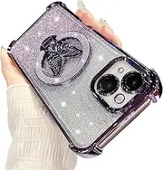 Reownest Compatible for iPhone 15 Case with Cute Butterfly Holder Stand,(Compatible with MagSafe) Glitter Plated Bling Luxury Kickstand Design Shockproof Phone Cover-Purple
