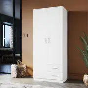 ELEGANT Wardrobe 2 Doors 2 Drawers 180cm White Wooden Storage Cabinets, White