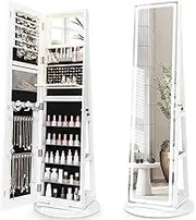 Giantex 160 cm Standing Jewelry Cabinet w/Adjustable LED Lights, 360° Swivel Lockable Jewelry Armoire Organizer w/Full-Length Mirror, Makeup Mirror & Foldable Makeup Shelf (White)