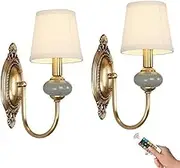 KEFA American Battery Operated Wall Sconces Lights 2 Pack, Rechargeable Antique Brass Wall Lights with Bulb & Remote, No Wiring Vintage Ceramic Lamp for Living Room Bedroom Farmhouse Fireplace Hallway