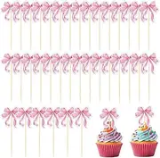 36pcs Pink Bow Cupcake Toppers, Cake Toppers for Girls, Cute Dessert Cake Toppers, Bow Tie Cupcake Toppers for Princess Birthday Party, Wedding Party Decorations