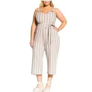 City Chic Women Plus S 16 Oatmeal Stripe Tie Waist Wide Leg Jumpsuit NWT BE25