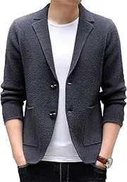 [SWJGLITTR] Men's Wool Blend Cable Cardigan Button Down Blazer Pockets Men Cardigans Lightweight Knitted Button Sweaters, Grey, Medium