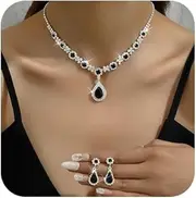 [Girlssory] Bride Wedding Blue/Red/Black/Green Crystal Necklace Earrings Set for Women Silver Bridal Choker Necklaces Pendant Jewelry for Brides Bridesmaid