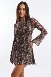 Brown Animal Print Mini Dress Long Sleeve - Size 16XL, Women's Skater Dress