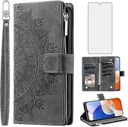 [Asuwish] Phone Case for Samsung Galaxy A14/M14 5G Wallet Cover With Tempered Glass Screen Protector and Wrist Strap Mandala Flower Flip Zipper Credit Card Holder Cell A 14 4G 14A 14M G5 Women Grey