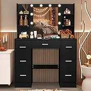Vanity Desk with Mirror and Lights,White Dressing Table with 7 Drawers, LED Mirror Dimmable & 3 Color Modes Adjustable, Black Makeup Vanity