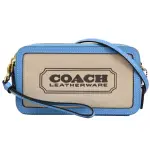 【COACH】經典LOGO帆布皮革拼接雙層手提包斜背包(藍邊)