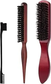 Kzvsiy 3 Pcs Boar Bristle Hair Brush Set, Detangling & Styling Combs for Hair and Beard, Soft Round and Slick Back Combs with Eyebrow Brush for Men & Women