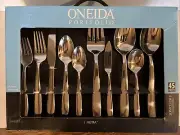 Oneida Portfolio Stainless Steel Flatware ~ 45 Piece Service For 8 ~ Metra NEW!