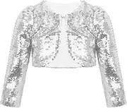 [Moggemol] Kids Girls Shiny Sequins Bolero Jacket Shrug Cape Cardigan Dress Cover Up Long Sleeve Coat Tops