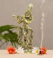 Metal Lord Krishna Idol Statue Playing Flute Home Decor Figurine
