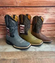 MEN'S WESTERN RODEO COWBOY GRAY TAN CAOBA LEATHER SQUARE TOE BOOTS BOTAS VAQUERA