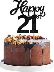 3Pcs Happy 21st Cake Topper Black Glitter Number 21 Twenty One Birthday Cake Pick Decorations for Cheers to 21 Years Old 21st Birthday Wedding Anniversary Party Supplies