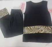 Toscano Designs Pant Shirt Sleeveless Elastic Waistband Black Animal Sheer SMALL