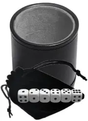 (6) 16mm Pip Dice White w/Pouch + Black PU Leather Dice Cup Grey Felt Lining New