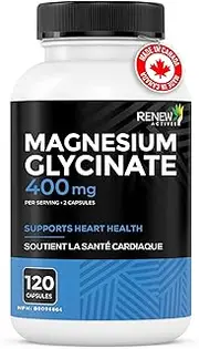 RENEW ACTIVES Magnesium Glycinate 400MG per 2 Capsules Pure Magnesium Bisglycinate for Full Body Relaxation, Sleep, Muscles, Bones & Energy - Electrolyte Balance - Made in Canada -120 Capsules