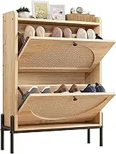 IRONCK Small Shoe Cabinet Storage with 2 Flip Drawers, Free Standing Wooden Shoe Storage Organizer Cabinet with Rattan Doors for Entryway, Narrow Shoe Rack Cabinet, Oak