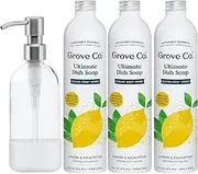 Grove Co. Ultimate Dish Soap Refills (3 x 16 Fl Oz) + Refillable Glass Dish Soap Dispenser for Kitchen Sink with Non-Slip Silicone Sleeve, No Plastic Waste Cleaning Products, Lemon & Eucalyptus