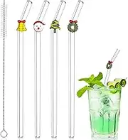 4Pcs Glass Straws with Charms, Reusable Clear Drinking Straws with Christmas Decor, Cute Colorful Glass Straws Shatter Resistant for Smoothies, Milkshakes, Juice with 2 Cleaning Brushes