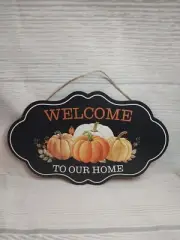 New! "Welcome to our Home" Pumpkins Hanging Wood Sign Fall Decor Autumn Wreath