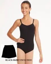 Bloch CL5407 Girl's Large (12) Black Camisole Leotard Tan Footed Tights & Skirt