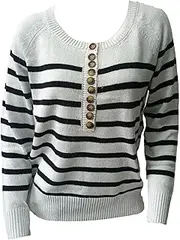 [Generic] Women's Striped Button Front Knitted Cardigan - Long Sleeve Ribbed Trim Sweater Top with Snap Closure