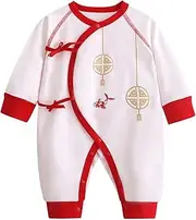 [Generic] Cute Romper Baby Newborn Infant Baby Girl Boy Calendar Chinese New Year Onesie Kimono Tang Suit Red Long Sleeve Romper Jumpsuit Outfits Clothes Baby Boy (White, 1-3 Months)