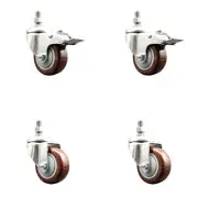 3 Inch 316SS Maroon Polyurethane 3/8 Inch Threaded Stem Caster Set 2 Lock Brake