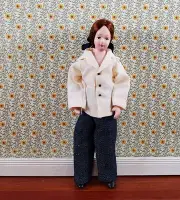 Dollhouse Modern Woman Doll Mom Porcelain Poseable 1:12 Scale White Jacket Jeans