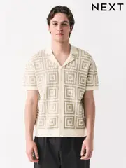 Neutral Relaxed Fit Short Sleeve Geometric Pattern Knit Shirt with Cuban Collar (AJ8716) | $66