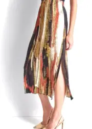 DKNY Abstract Print Plissé Skirt Midi Side Slit Mini Pleat Pull On XL NWT $99
