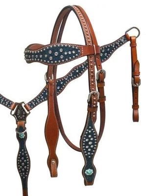 Western Premium Blue Crystal Studded Horse Tack Set Headstall & Breast Collar