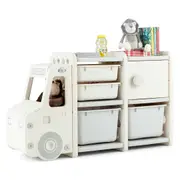 Babyjoy Kids Toy Storage Organiser Bookcase Truck-shaped Storage Cabinet w/Bins & Drawers for Playroom Bedroom School Beige