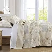 FineStichery Oversized Quilt Bedspread 128"x120" - 100% Cotton Cal King Bedspreads, Lightweight Reversible Floral Quilt, Farmhouse XL Bed Spreads Coverlet Sets with Pillow Shams, Beige