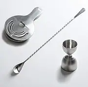 Amehla Cocktail Tools Set - 3-piece 304 Stainless Steel Essentials Bartender Kit includes 15" Long Bar Mixing Spoon, Cocktail Strainer and Marked Measurement Double Bell Jigger for Bartending