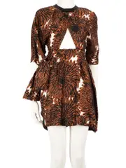 Brown Creased Satin Floral Dress