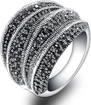 [Mytys] Vintage Silver Rings for Women Girl Fashion Black Marcasite Cluster Rings Size 6 7 8 9 10