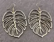 Large Tropical Gold Tone Monstera Palm Leaf Earrings